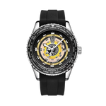 Black wristwatch with a detailed face on a white background