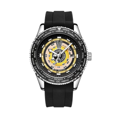 Black wristwatch with a detailed face on a white background