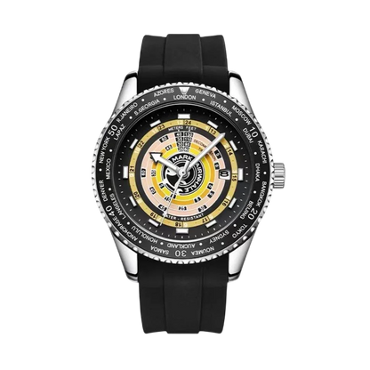 Black wristwatch with a detailed face on a white background