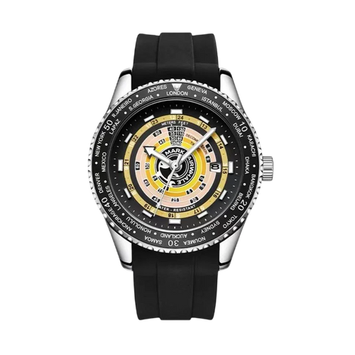 Black wristwatch with a detailed face on a white background