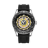 Black wristwatch with a detailed face on a white background