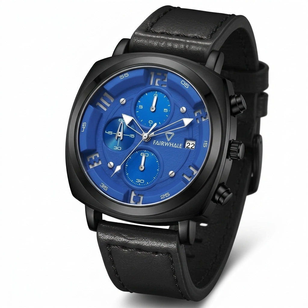 Black wristwatch with a blue face on a white background