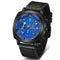 Black wristwatch with a blue face on a white background