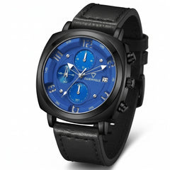 Black wristwatch with a blue face on a white background