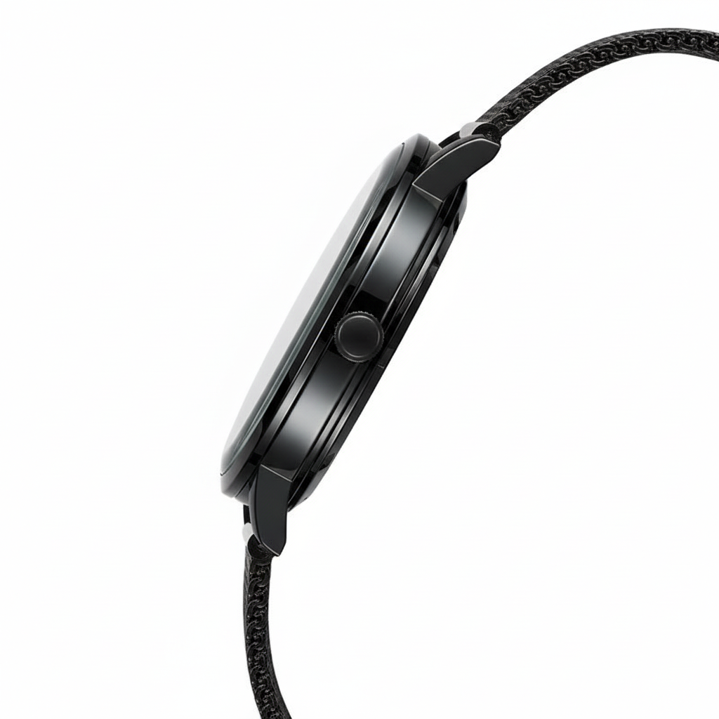 Black wristwatch with a braided strap on a white background