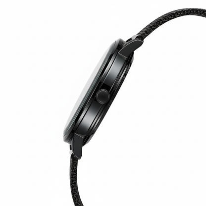 Black wristwatch with a braided strap on a white background