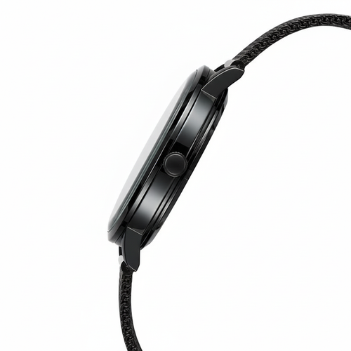 Black wristwatch with a braided strap on a white background
