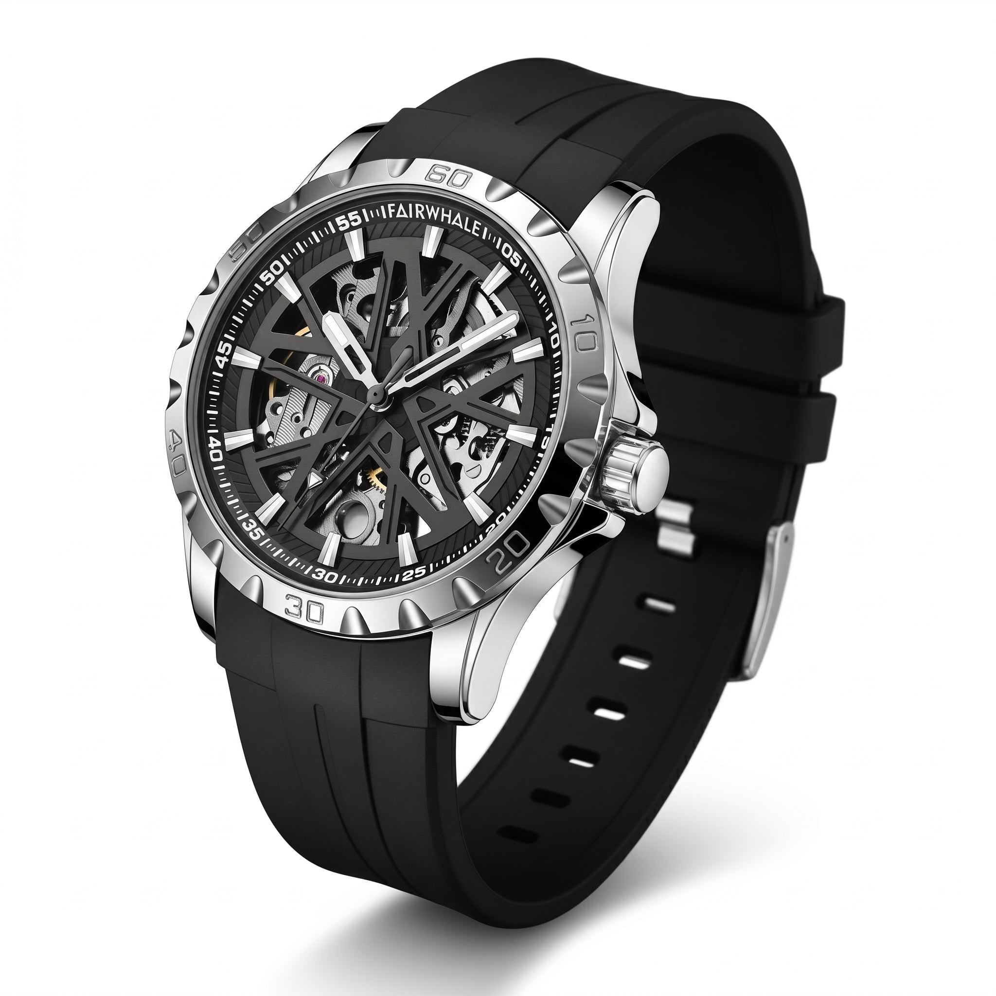 Black wristwatch with a detailed face on a white background