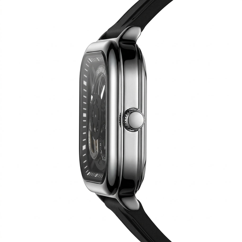 Black wristwatch with a detailed face on a white background