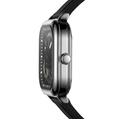 Black wristwatch with a detailed face on a white background