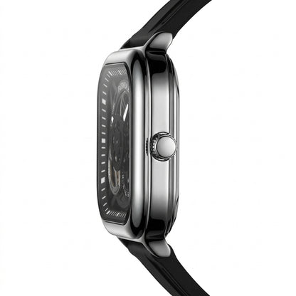 Black wristwatch with a detailed face on a white background