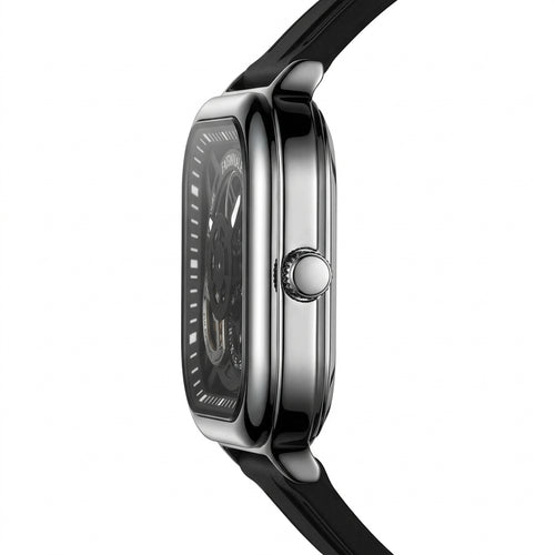 Black wristwatch with a detailed face on a white background