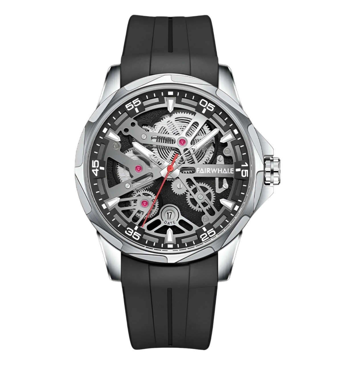 Black wristwatch with a detailed face on a white background