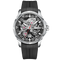 Black wristwatch with a detailed face on a white background