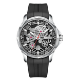 Black wristwatch with a detailed face on a white background