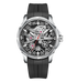 Black wristwatch with a detailed face on a white background