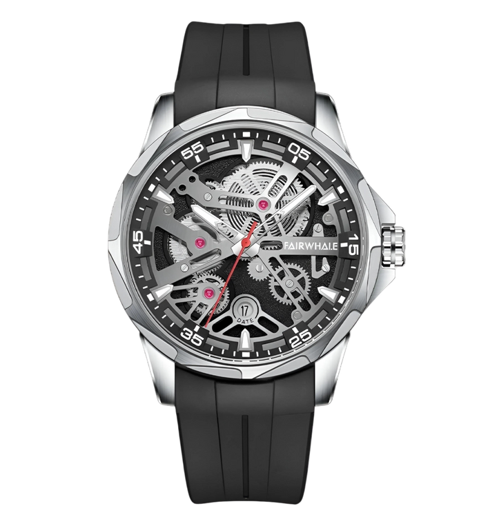 Black wristwatch with a detailed face on a white background