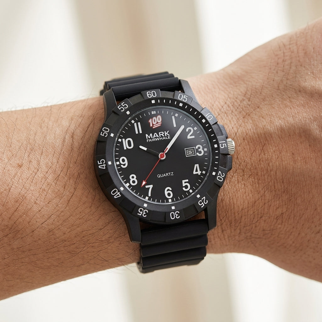 Black wristwatch with a detailed face on a wrist against a neutral background