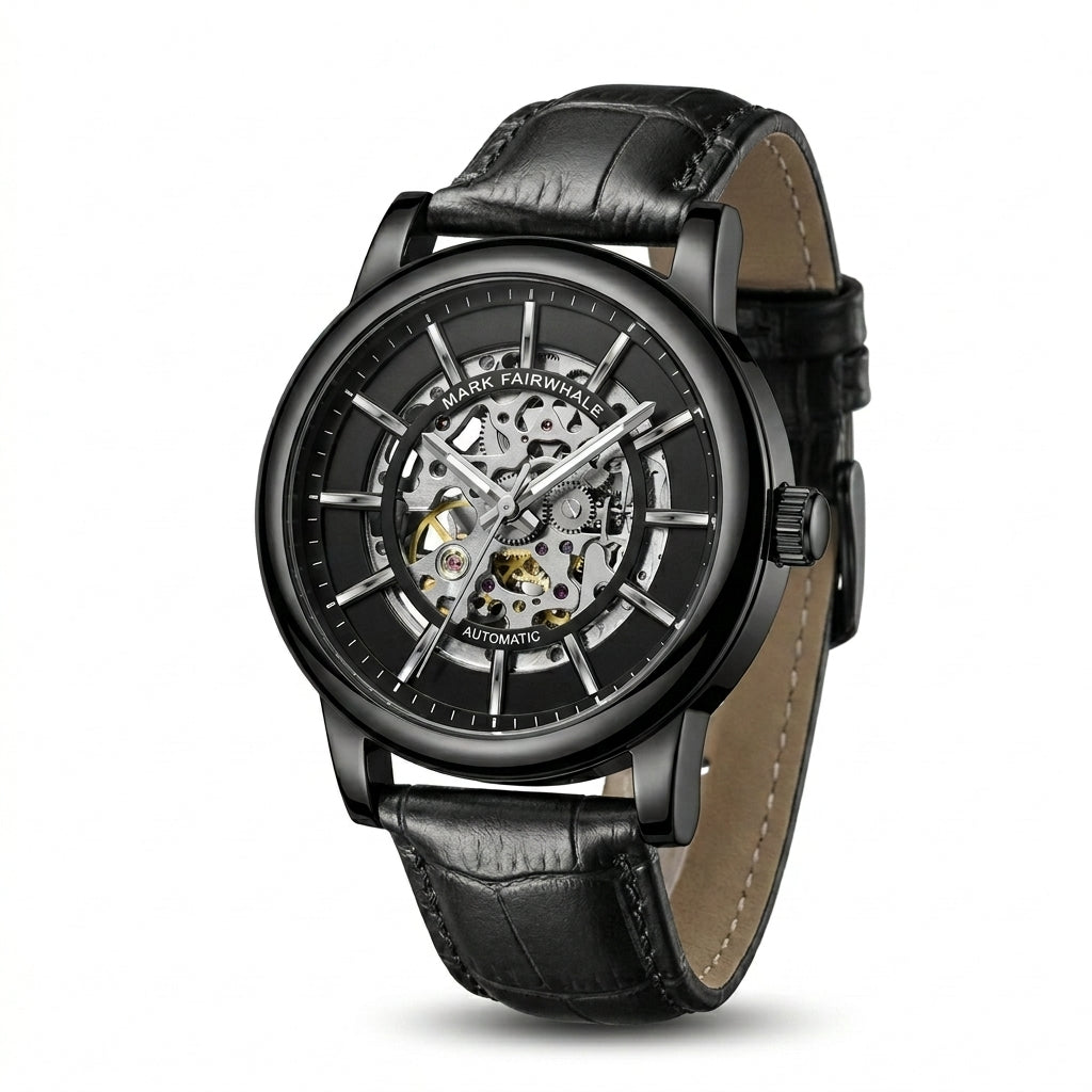 Black wristwatch with a detailed mechanical face on a white background