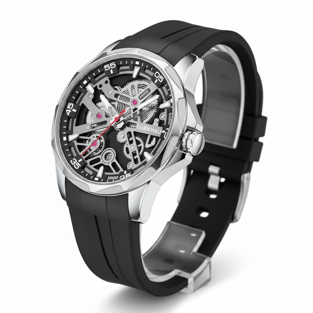 Black wristwatch with a detailed mechanical face on a white background