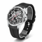 Black wristwatch with a detailed mechanical face on a white background