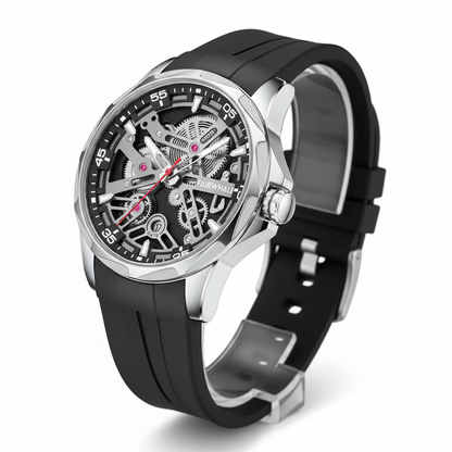 Black wristwatch with a detailed mechanical face on a white background