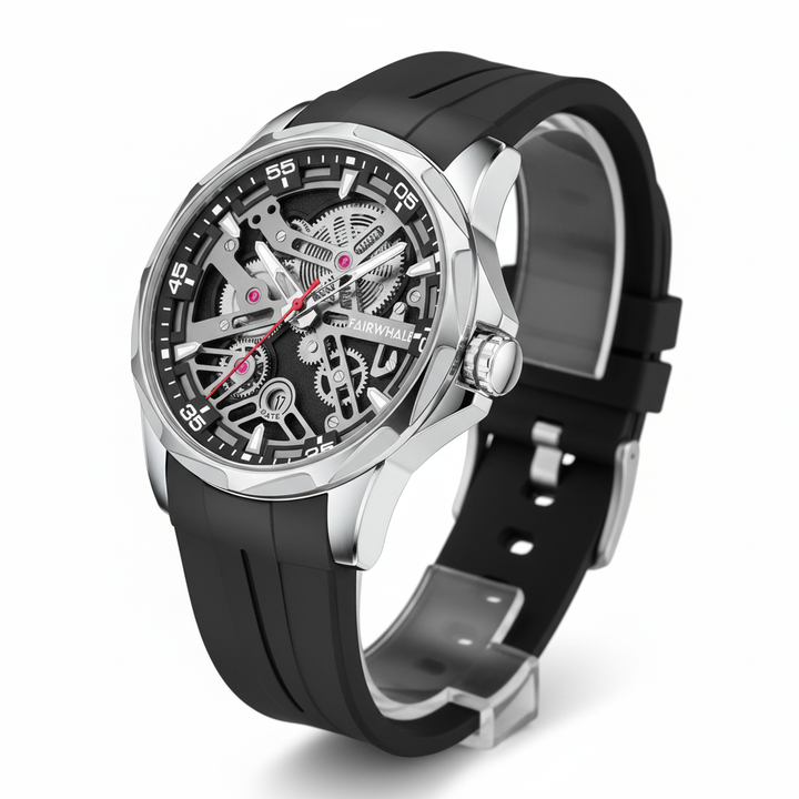 Black wristwatch with a detailed mechanical face on a white background