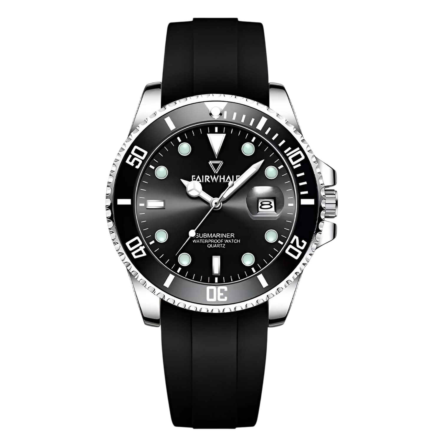 Black wristwatch with a silver case on a white background