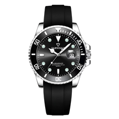 Black wristwatch with a silver case on a white background