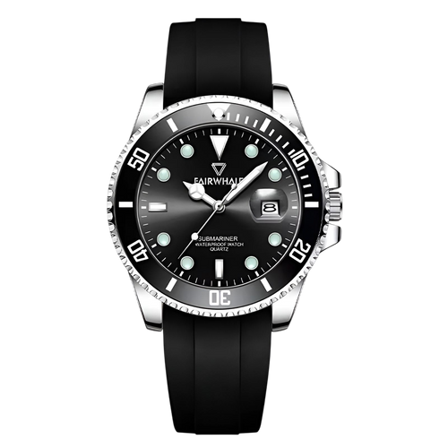 Black wristwatch with a silver case on a white background