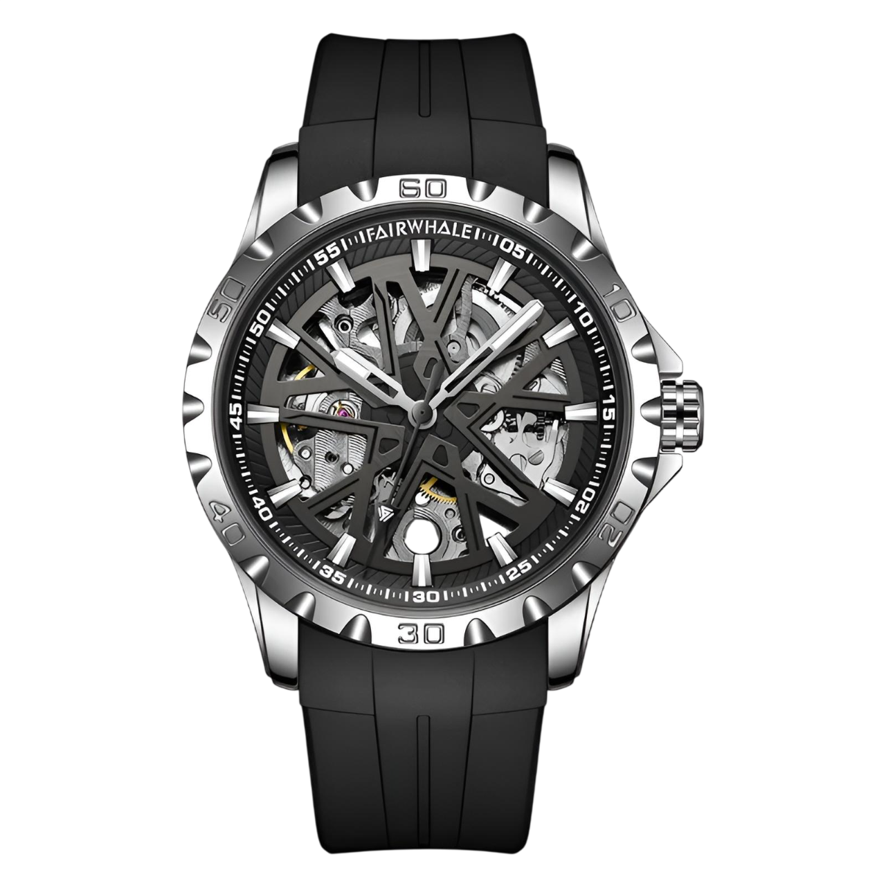 Black wristwatch with a transparent face on a white background