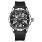 Black wristwatch with a transparent face on a white background