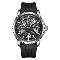 Black wristwatch with a transparent face on a white background