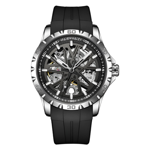 Black wristwatch with a transparent face on a white background
