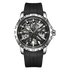 Black wristwatch with a transparent face on a white background