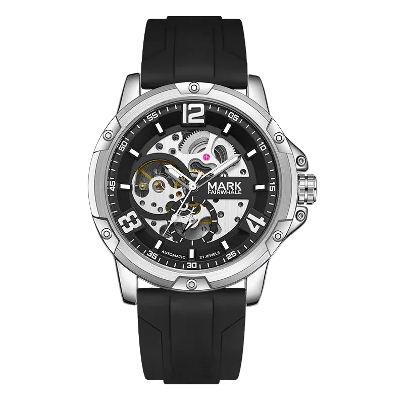 Black wristwatch with a visible brand name on a white background