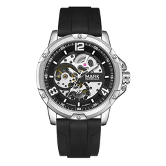 Black wristwatch with a visible brand name on a white background