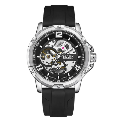 Black wristwatch with a visible brand name on a white background