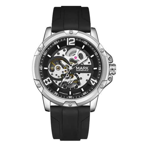 Black wristwatch with a visible brand name on a white background