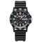Black wristwatch with a white dial on a white background