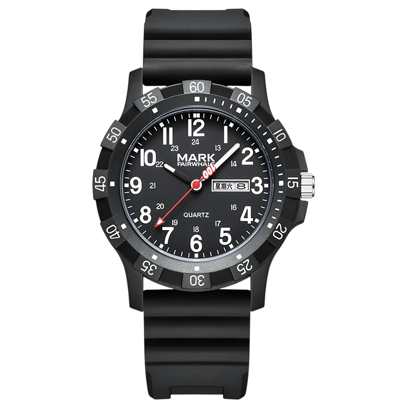 Black wristwatch with a white dial on a white background