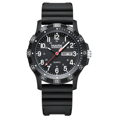 Black wristwatch with a white dial on a white background