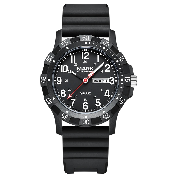 Black wristwatch with a white dial on a white background