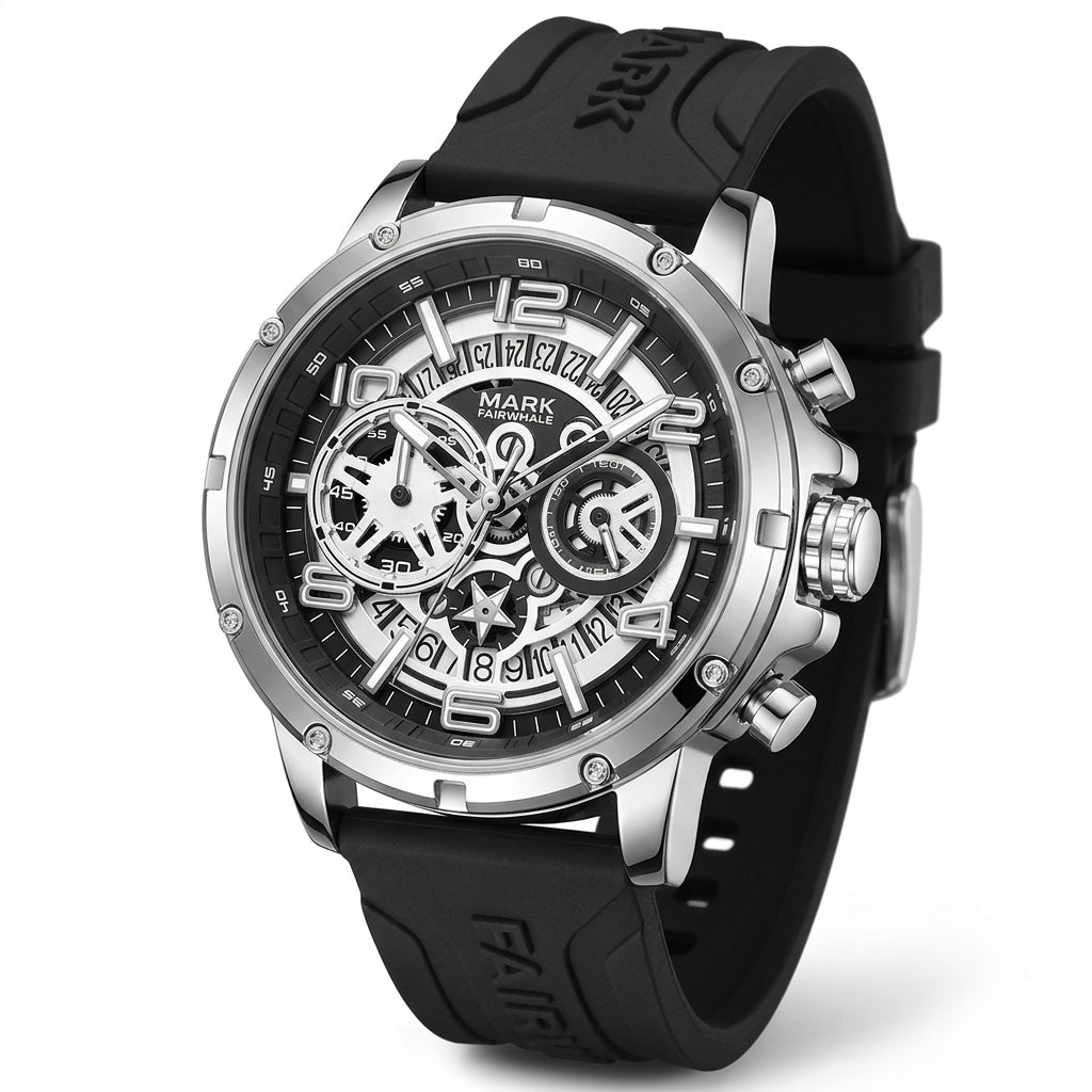 Black wristwatch with a detailed face on a white background
