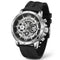 Black wristwatch with a detailed face on a white background