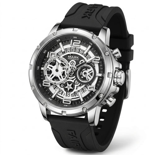 Black wristwatch with a detailed face on a white background