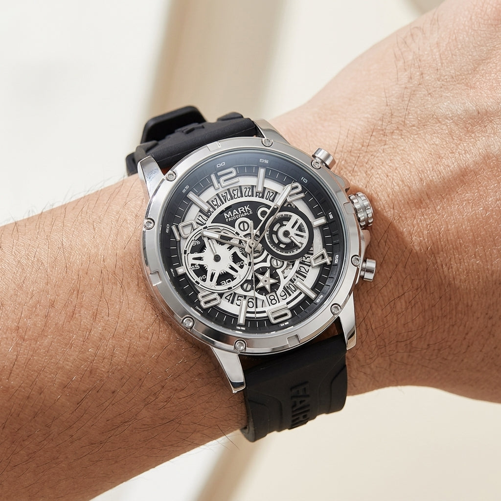 Black wristwatch with a detailed face on a wrist against a neutral background