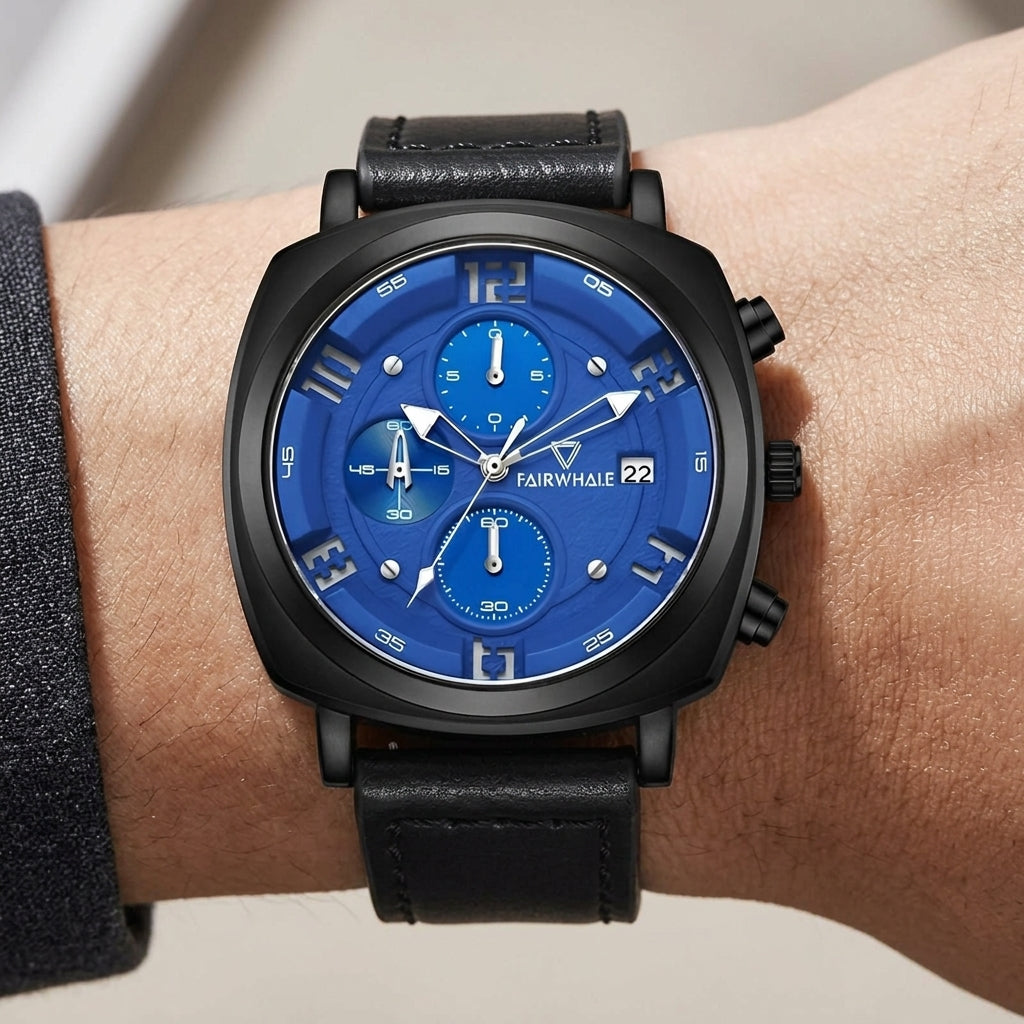 Black wristwatch with blue dial on a wrist, brand 'Fairwhale' visible