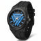 Black wristwatch with blue face on a white background