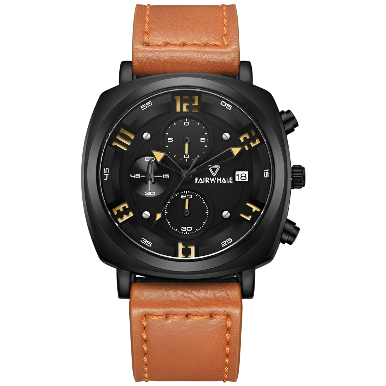 Black wristwatch with brown leather strap on a white background